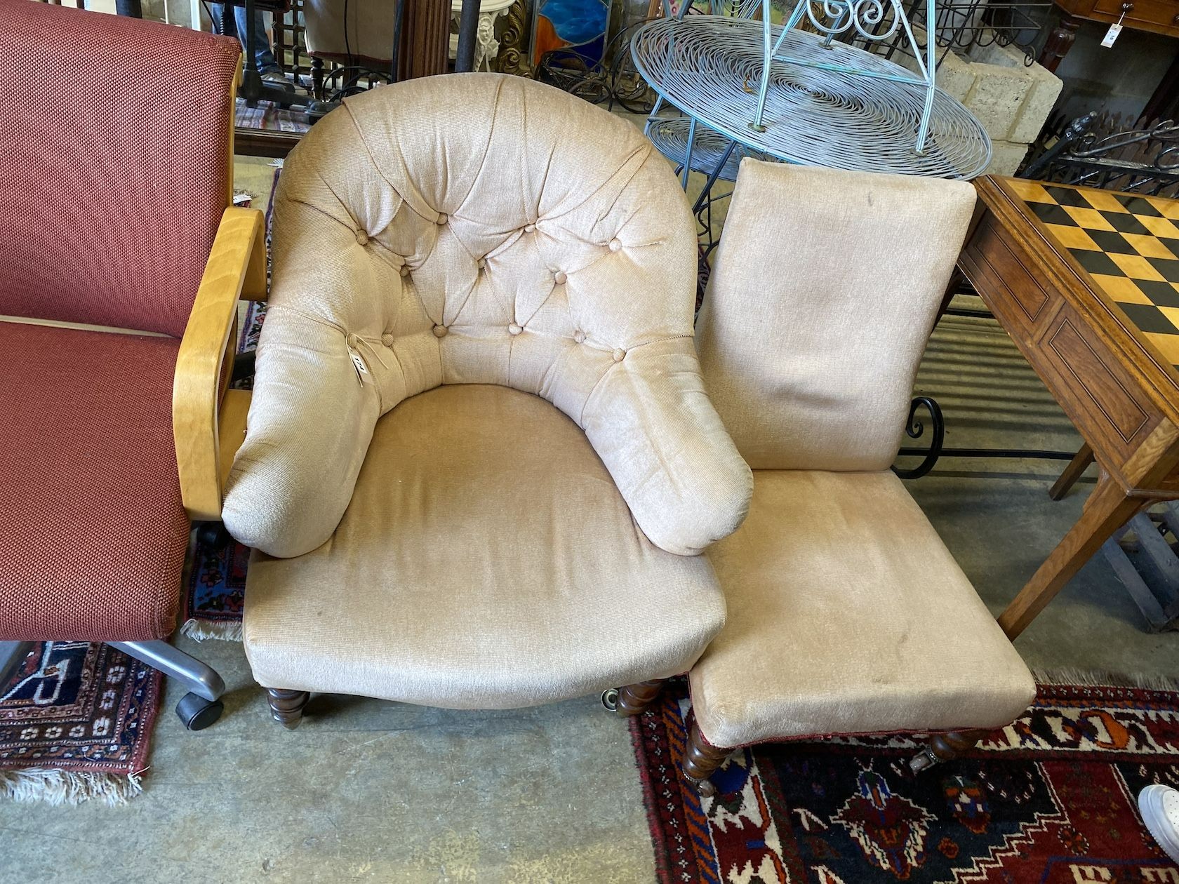 A Victorian upholstered spoonback chair and a Victorian nursing chair